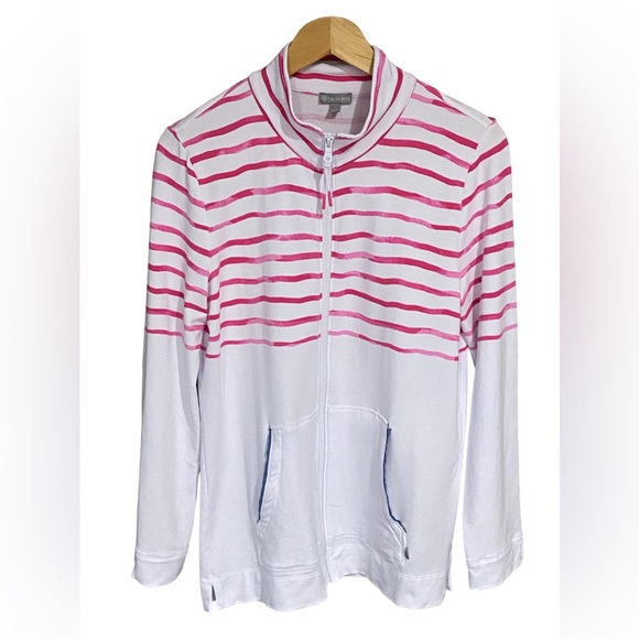 T by Talbots Pink Wave Stripe Full Zip Jacket Size Medium - Picture 2 of 16
